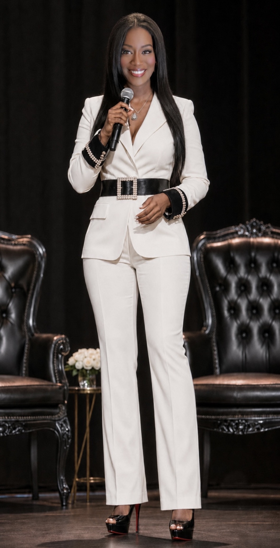 Jillian Parker speaking with a microphone in an elegant white pantsuit